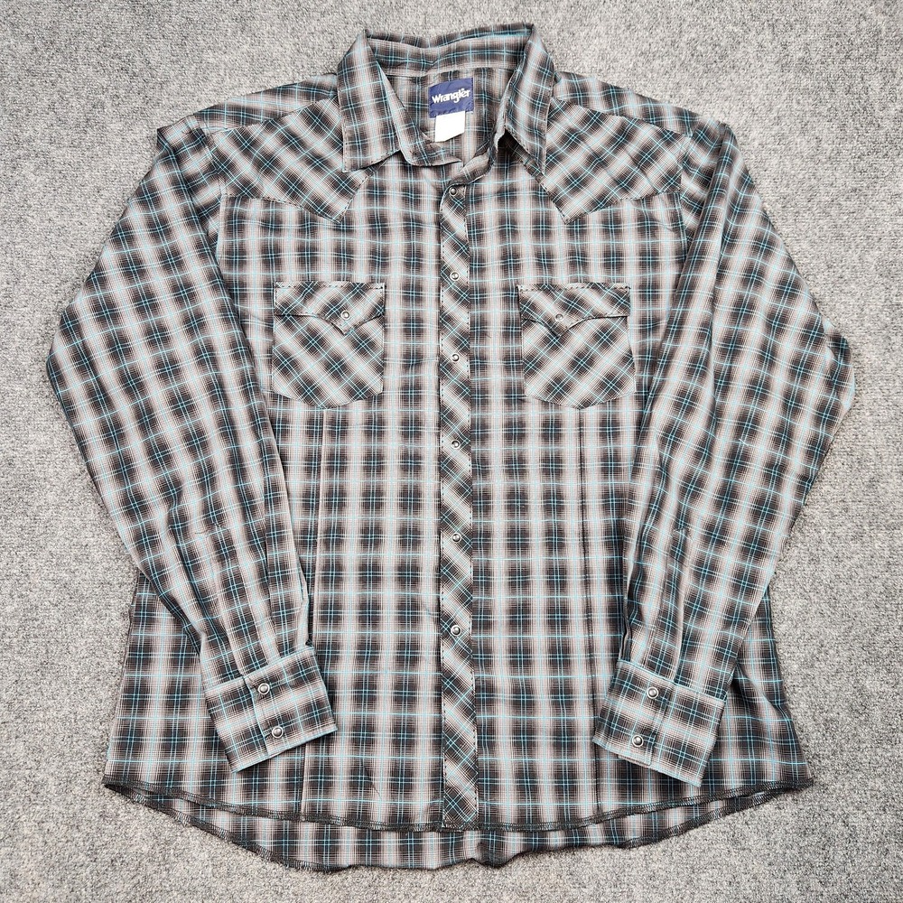Wrangler Shirt Mens 2XL Gray Black Plaid Western Pearl Snap Long Sleeve‎ MVG271M